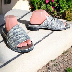 BONAVI JADE ( 8.5 to 9 ) Slide Leather Gray Camo Silver Zipper Slip-In Sandals